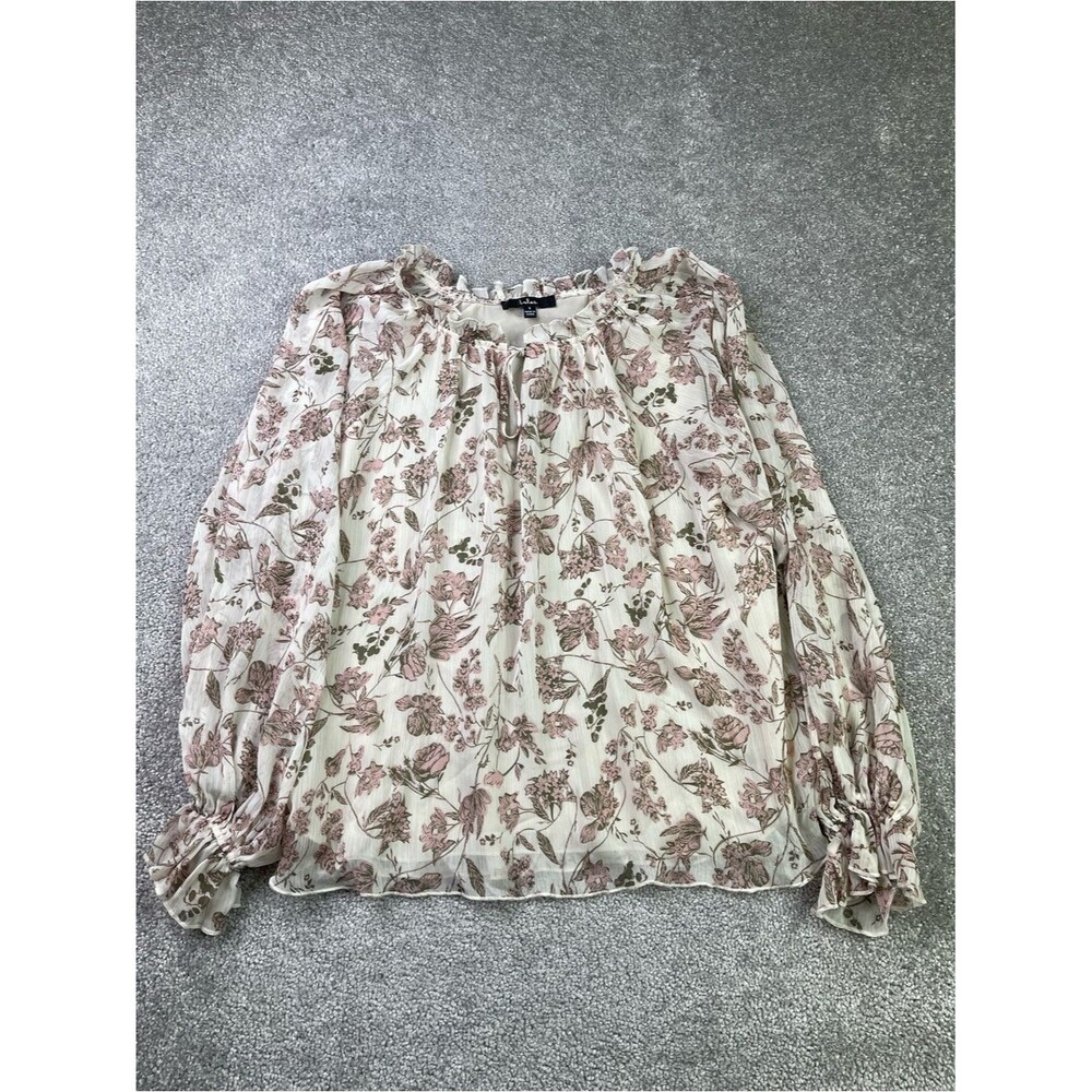 Lulus Cream Floral Tie-Neck Blouse Size Small